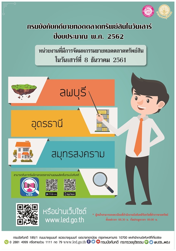 ﻿กรมบังคับคดีจัดการขายทอดตลาดทรัพย์สินทุกวันเสาร์ สำหรับเดือนธันวาคม  2561 